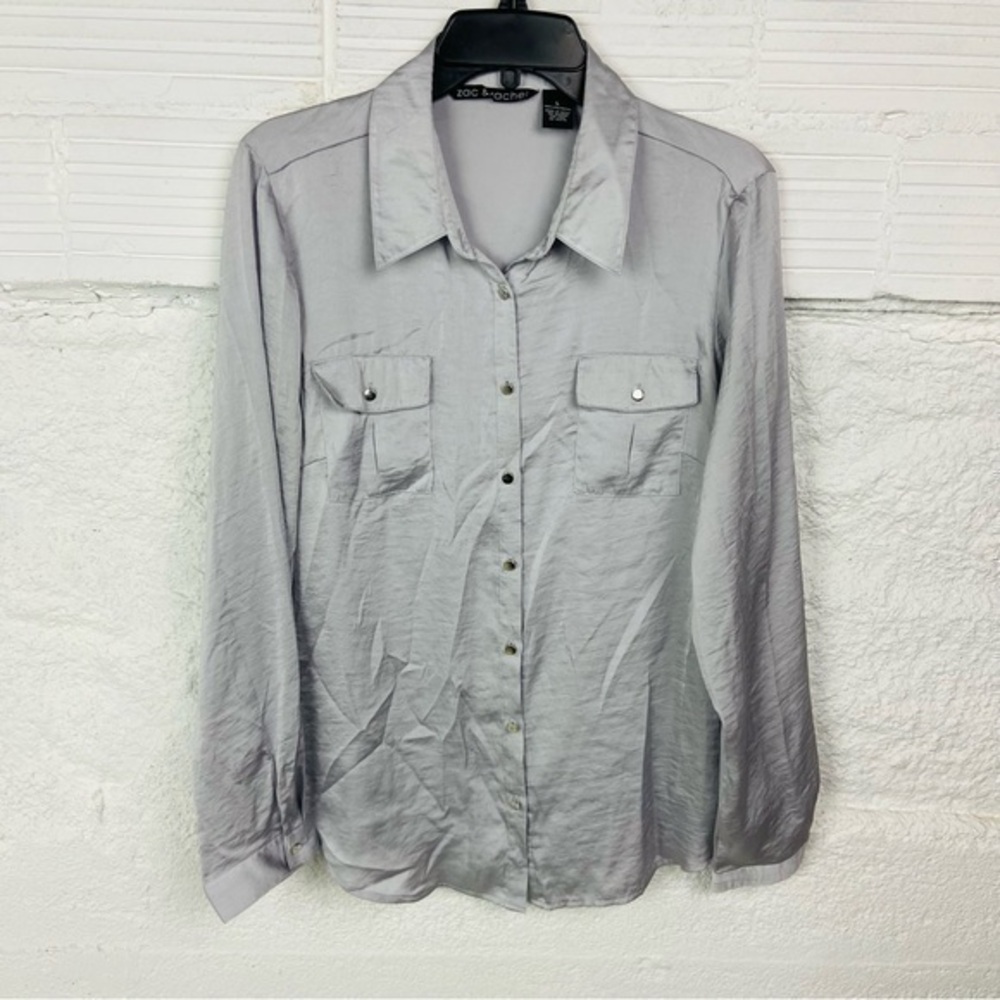 Zac & Rachel silky satin silver Gray long sleeve pocket front Blouse size large